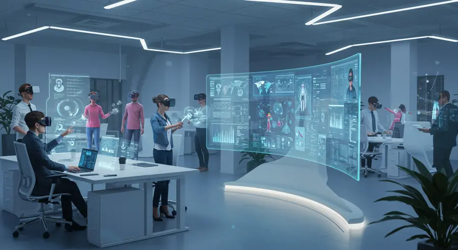 AI-powered financial companion assisting a user in a futuristic metaverse setting.