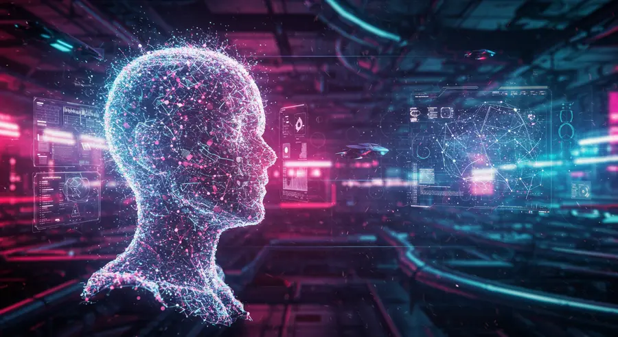 AI in Metaverse cover image: futuristic artificial intelligence interacting with a metaverse environment, showcasing data streams, neural networks, and virtual reality elements.