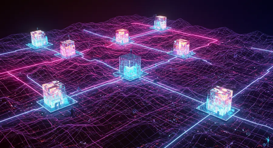 Abstract representation of interconnected digital worlds in the metaverse, symbolizing interoperability.