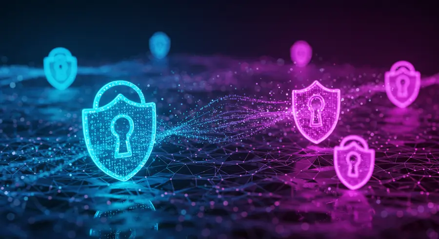Abstract image representing privacy and security in a digital, metaverse-like environment with glowing lock icons.